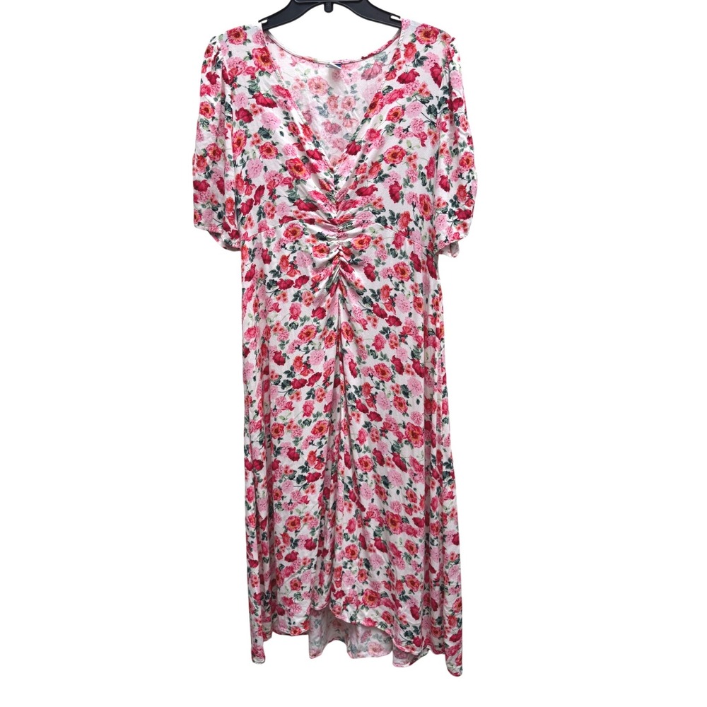 Old Navy Floral Puff Sleeve Ruched Front Midi Dress Pink Large High Low Rose - Picture 2 of 7